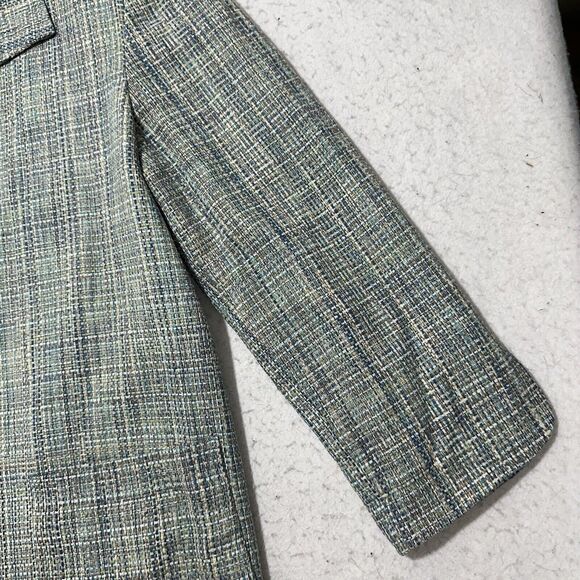 David N. Women's 8 Pure Silk Blazer Jacket Open Front Tweed Green Striped Coat - Picture 5 of 12